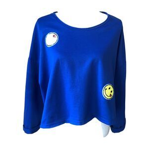 SugarHigh Clothing Blue crop sweatshirt with yellow smiley faces